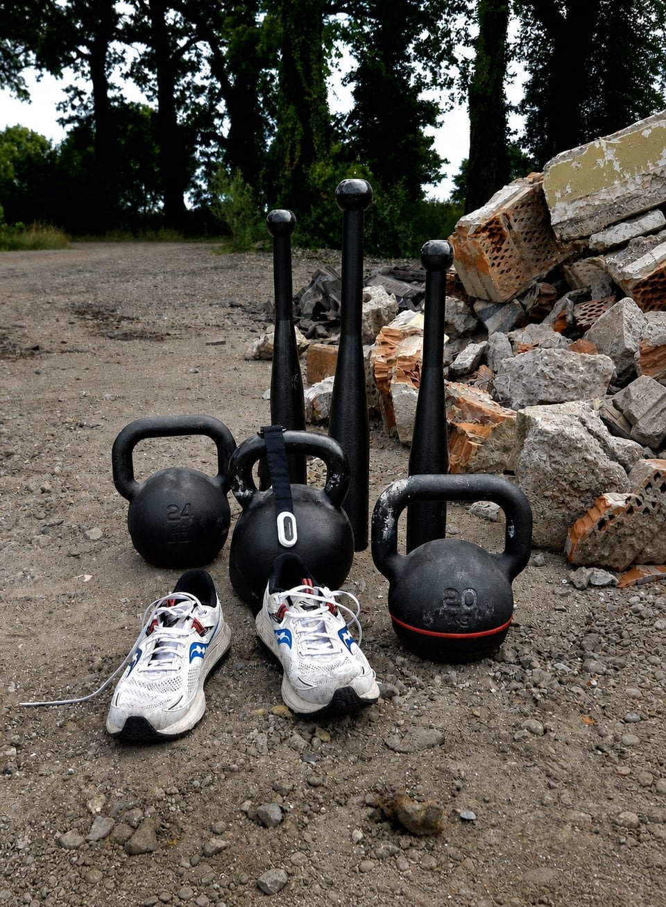 Three kettlebells, three heavy clubs, running shoes, and a Garmin heart-rate strap arranged outdoors